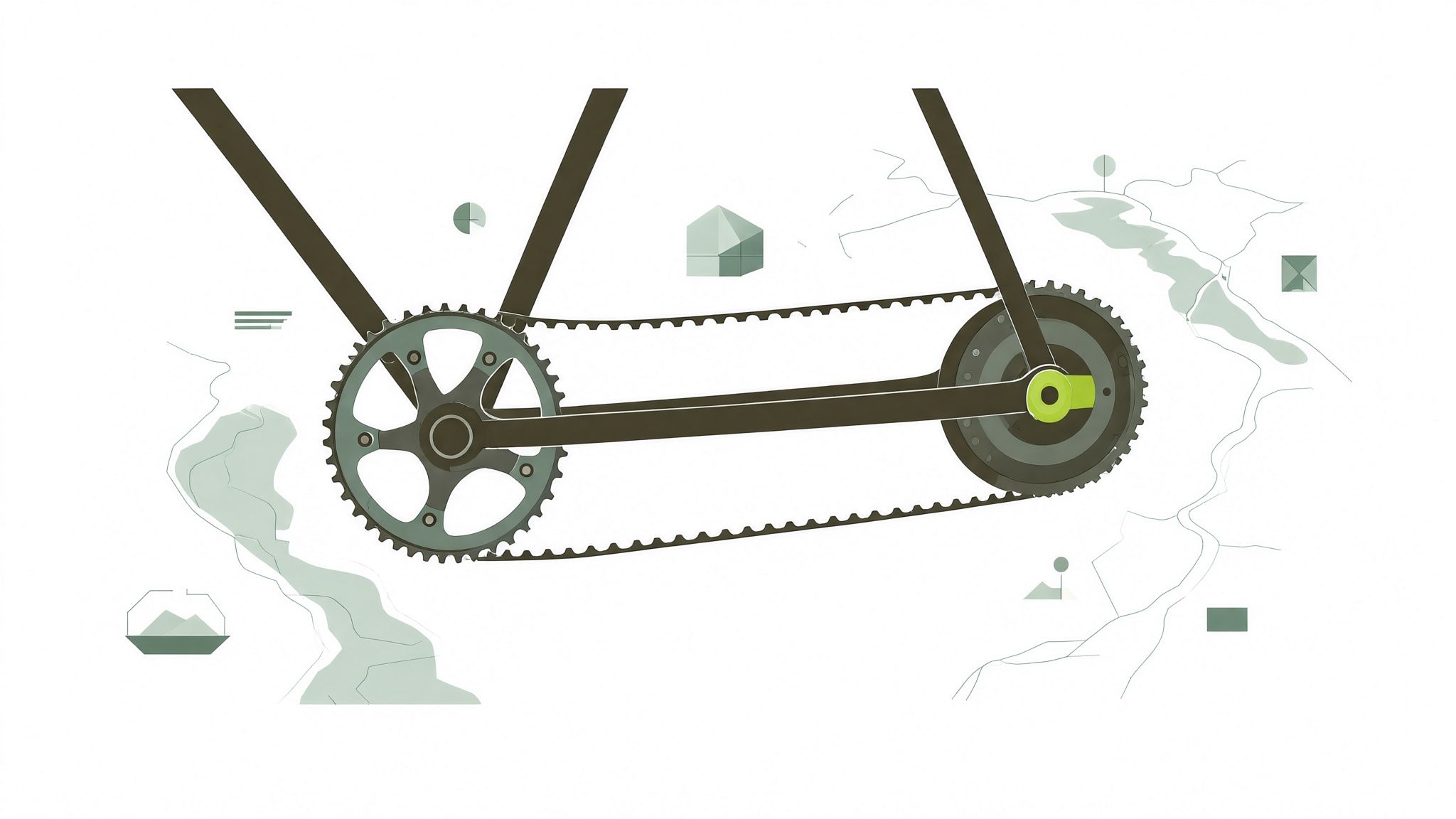 Illustration: Zahnriemen läuft vom vorderen Zahnrad zu einer geschlossenen Hinterradnabe an einem vereinfachten Fahrradrahmen