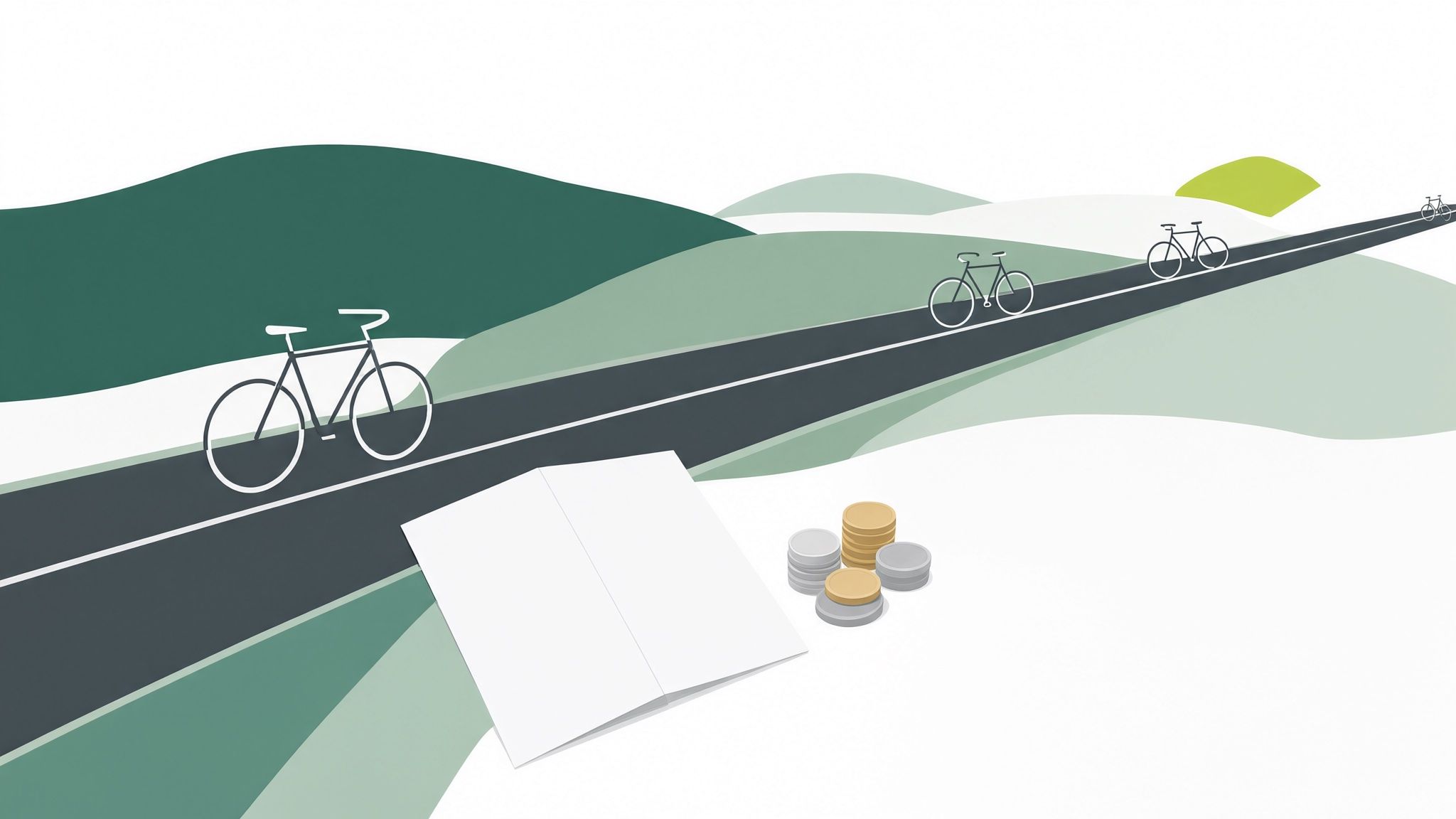 Illustration: ein Radweg durch grüne Hügel, davor ein leeres Blatt und Münzstapel