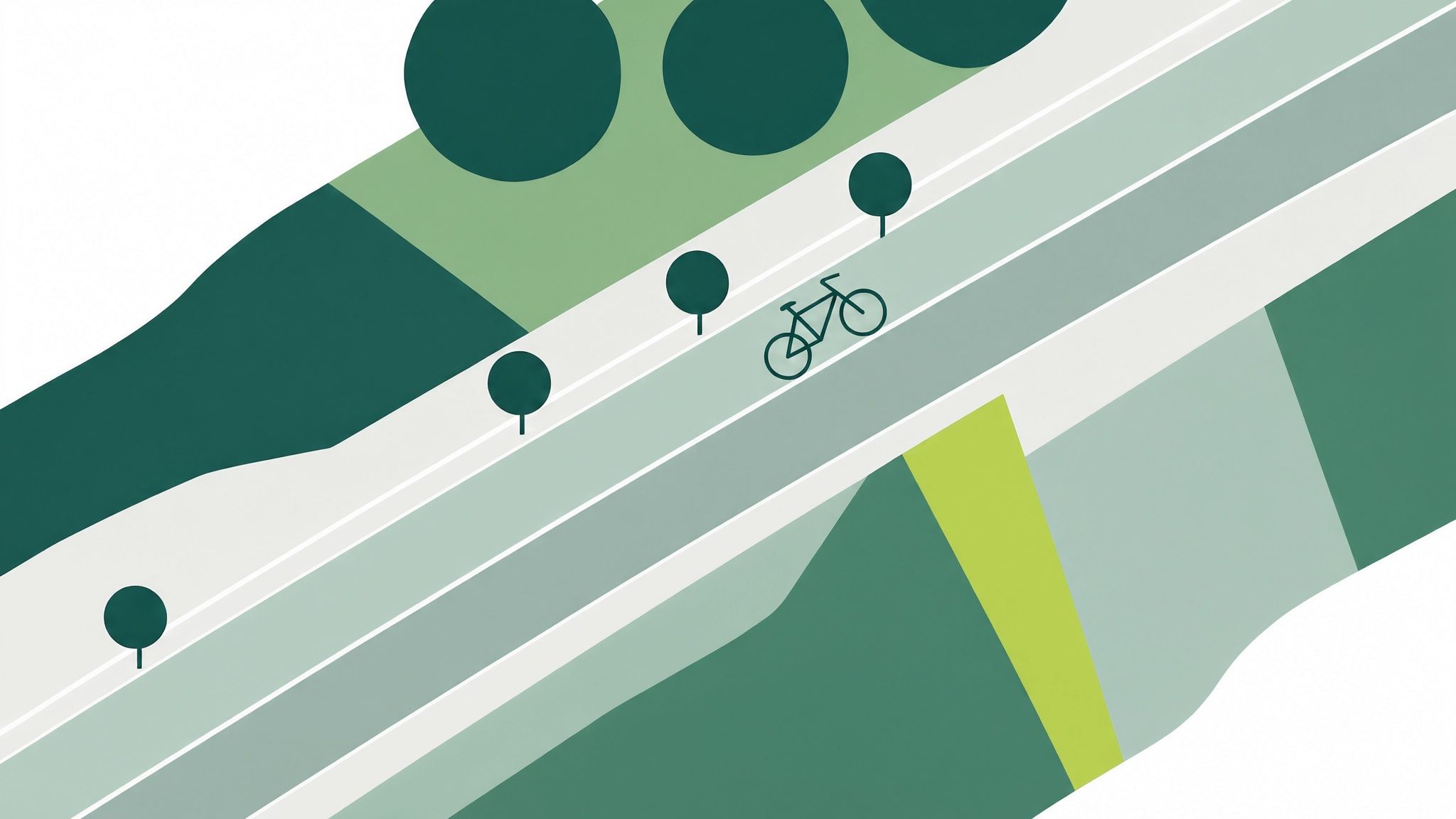 Illustration: Draufsicht auf eine Straße mit abgesetztem Radweg, darauf ein vereinfachtes Fahrrad, am Rand runde leere Schilder