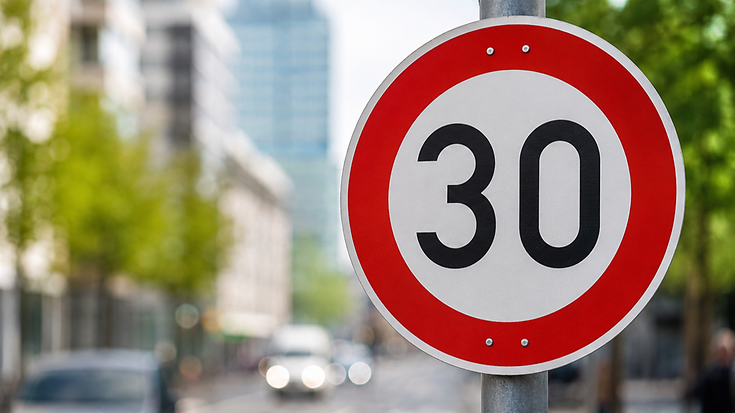 Verkehrsschild Tempo 30 an einer Straße in der Stadt, unscharfer Verkehr im Hintergrund