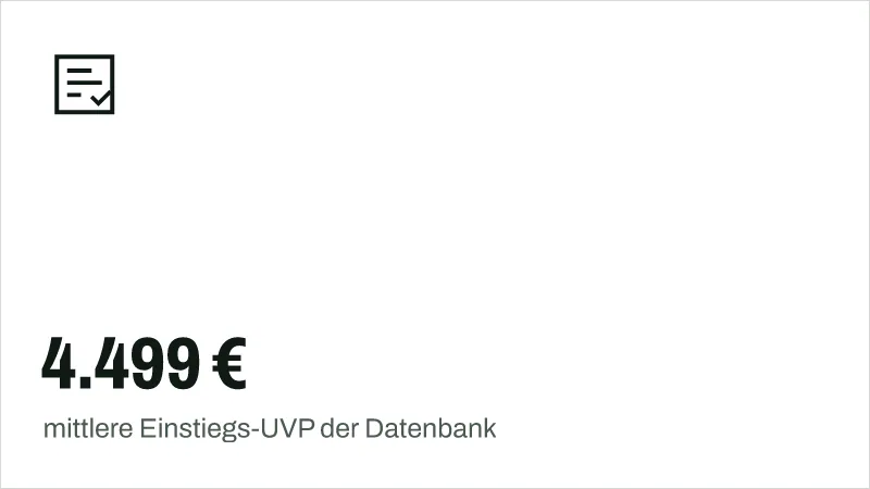Textgrafik: 4.499 €, mittlere Einstiegs-UVP der Datenbank – Kaufberatung & Tests