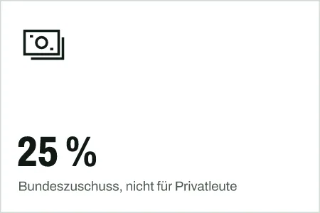 Textgrafik: 25 %, Bundeszuschuss, nicht für Privatleute – Förderung & Leasing