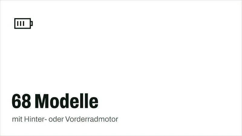 Textgrafik: 68 Modelle, mit Hinter- oder Vorderradmotor – Technik