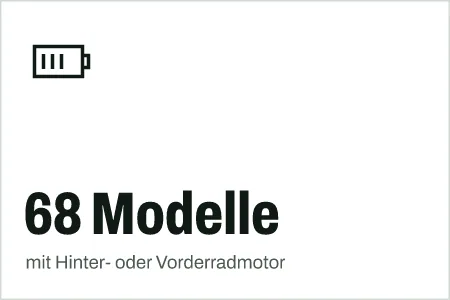Textgrafik: 68 Modelle, mit Hinter- oder Vorderradmotor – Technik
